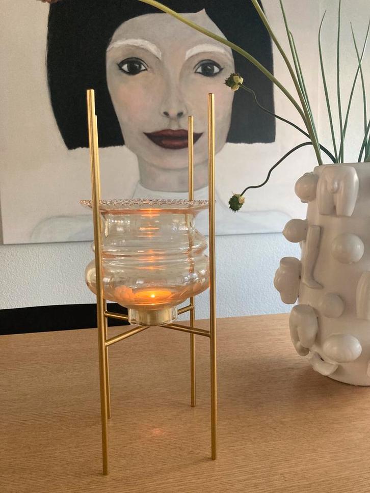Kandelaar goud met oker a la Eek, Huis en Inrichting, Woonaccessoires | Kandelaars en Kaarsen, Zo goed als nieuw, Kandelaar, 25 tot 50 cm