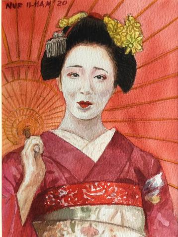 Aquarel Geisha geschilderd door Nurilham beschikbaar voor biedingen