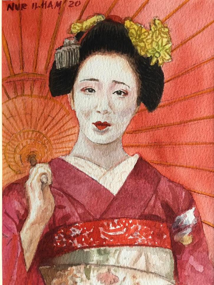 Aquarel Geisha geschilderd door Nurilham, Antiek en Kunst, Kunst | Schilderijen | Modern, Ophalen of Verzenden