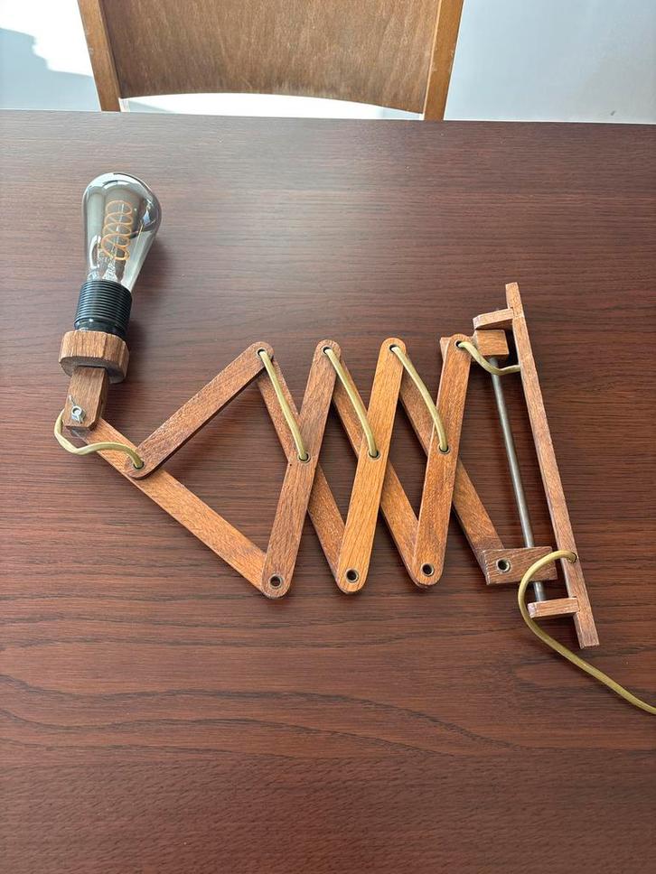 Vintage Schaarlamp Donker Hout lamp E27, Huis en Inrichting, Lampen | Wandlampen, Gebruikt, Hout, Ophalen of Verzenden