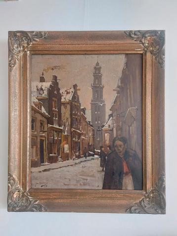Eerste Leliedwarsstraat Amsterdam olieverf door Jan Korthals beschikbaar voor biedingen