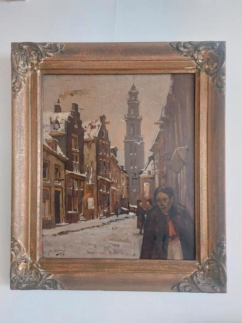 Eerste Leliedwarsstraat Amsterdam olieverf door Jan Korthals, Antiek en Kunst, Kunst | Schilderijen | Klassiek, Ophalen of Verzenden