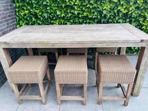 Tuintafel inclusief 6 krukken, Tuin en Terras, Tuinsets en Loungesets, Gebruikt, Tuinset, Teakhout, 6 zitplaatsen, Eettafel, Stoel