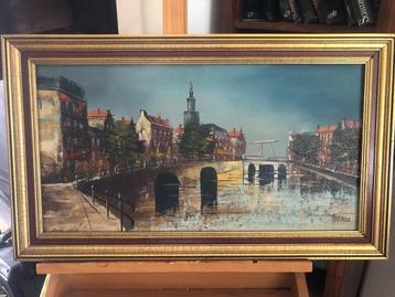 Olieverfschilderij stadsgezicht met gracht beschikbaar voor biedingen