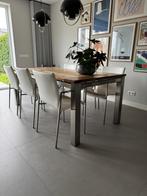 Eetkamertafel / eettafel teakhout/ zes witte leren stoelen, Huis en Inrichting, Tafels | Eettafels, Ophalen, Gebruikt, 200 cm of meer