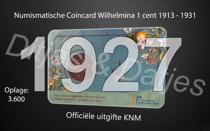 Nederland Wilhelmina 1 cent in coincard KNM 1927, Postzegels en Munten, Munten | Nederland, 1 cent, Koningin Wilhelmina, Ophalen of Verzenden