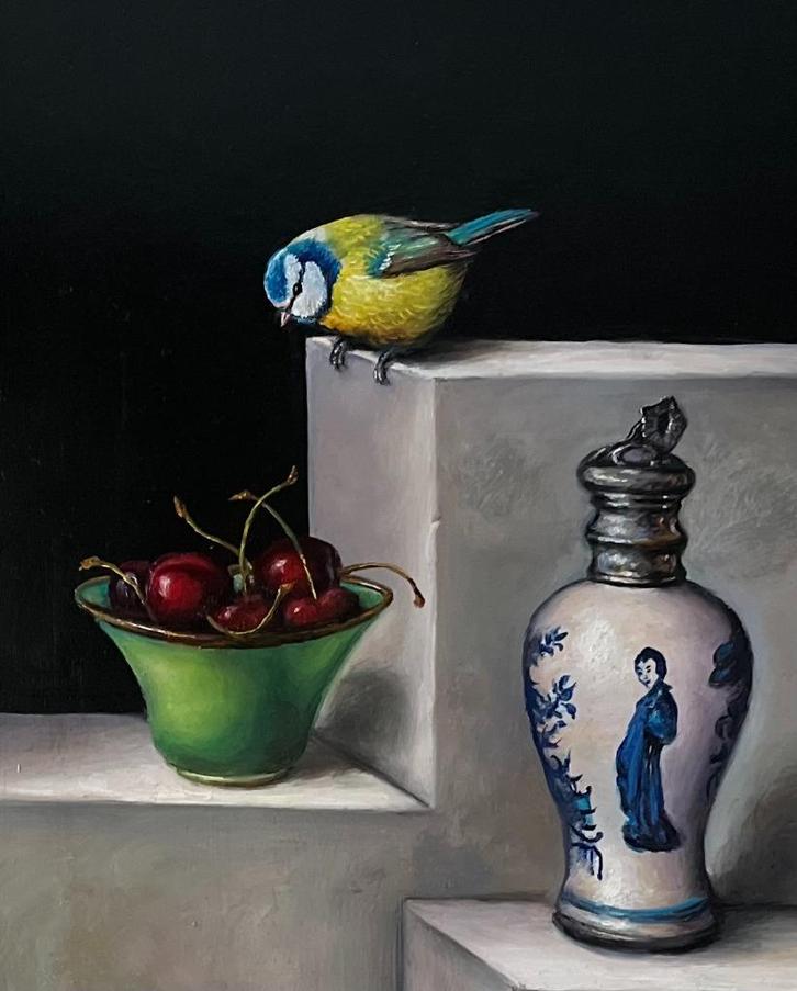 Alfonso Moreno, pimpelmeesje schaaltje kersen en een kan., Antiek en Kunst, Kunst | Schilderijen | Klassiek, Ophalen of Verzenden