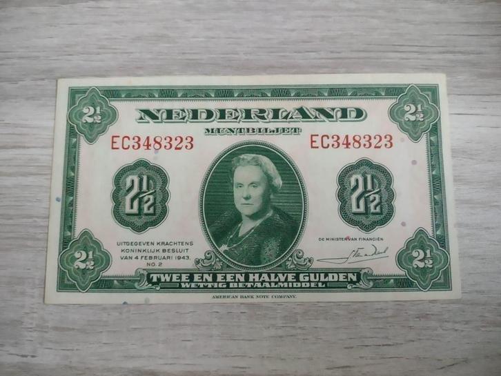 UNC biljet 2,5 gulden 1943, muntbiljet Wilhelmina, Postzegels en Munten, Bankbiljetten | Nederland, 1 gulden, Ophalen of Verzenden