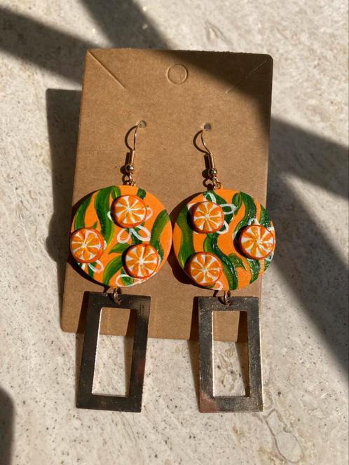 Handbeschilderde Oorbellen Fruity Orange ByJ&S🍊, Sieraden, Tassen en Uiterlijk, Oorbellen, Nieuw, Hangers, Overige materialen