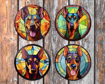 Dobermann Glas in Lood onderzetters met houder rond beschikbaar voor biedingen