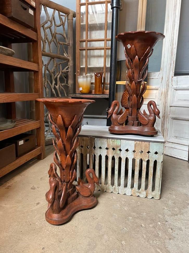 Vintage teakhouten plantenbakken met zwanen, handgesneden, Huis en Inrichting, Woonaccessoires | Overige, Ophalen of Verzenden