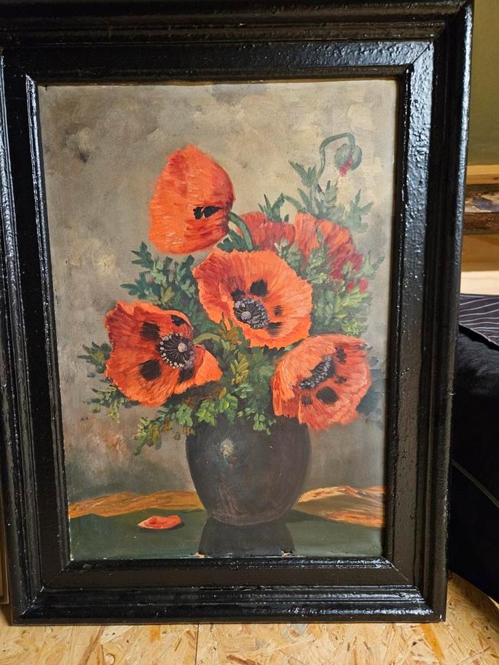 Schilderij met klaprozen in vaas, Antiek en Kunst, Kunst | Schilderijen | Klassiek, Ophalen of Verzenden