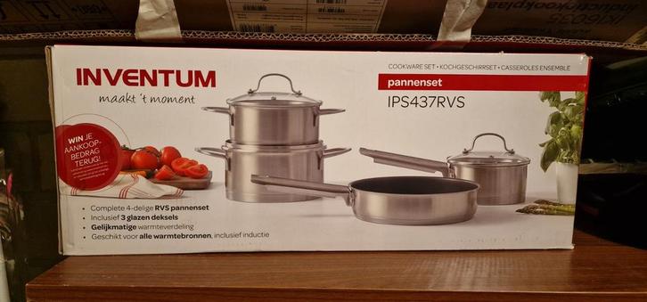 Inventum IP437RVS Pannenset - Nieuw in doos!, Huis en Inrichting, Keuken | Potten en Pannen, Nieuw, Pannenset, Rvs, Inductieplaat