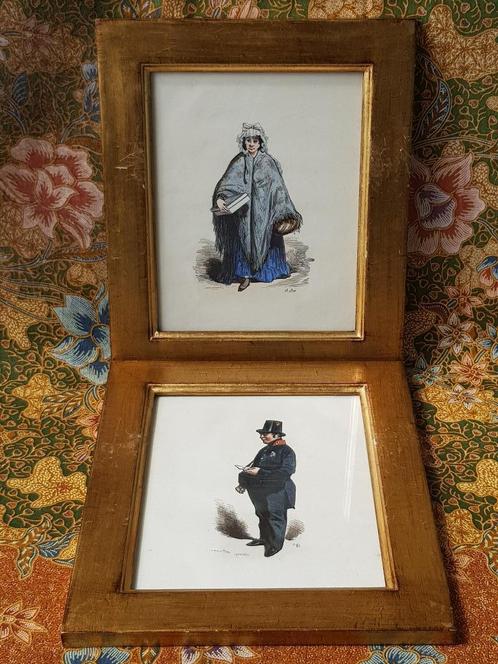 Mooi stel antieke gravures uit Engeland van man en vrouw., Antiek en Kunst, Kunst | Etsen en Gravures, Ophalen of Verzenden