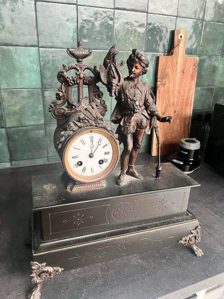Antieke Schouwklok met Jager, ca. 1900, Antiek en Kunst, Antiek | Klokken, Ophalen