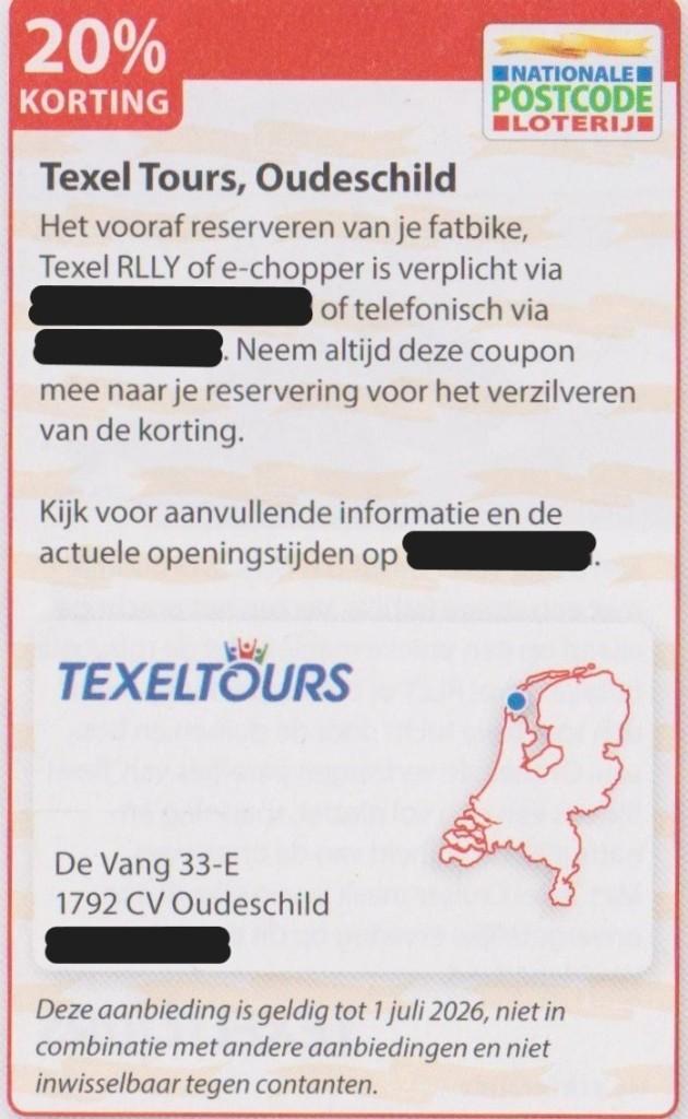 Texel Tours, Oudeschild. 20% korting. Postcodeloterij bon., Tickets en Kaartjes, Kortingen en Cadeaubonnen, Eén persoon, Overige typen
