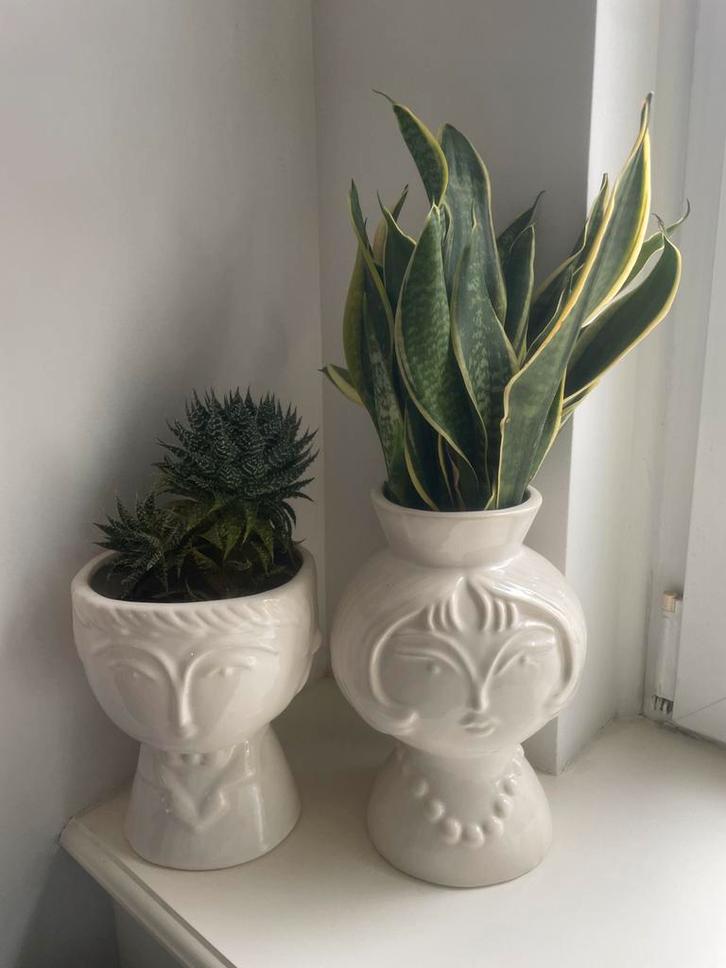 Twee unieke bloempotten in de vorm van een gezicht, Tuin en Terras, Bloempotten, Zo goed als nieuw, Aardewerk, Binnen, Minder dan 40 cm