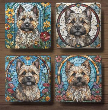 Cairn Terriër Glas in lood onderzetters met houder beschikbaar voor biedingen