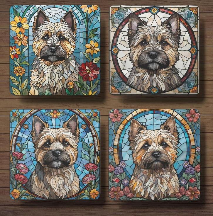 Cairn Terriër Glas in lood onderzetters met houder, Huis en Inrichting, Woonaccessoires | Onderzetters, Nieuw, Glas of Kopje, Ophalen of Verzenden