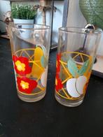 Vintage limonadeglazen fruit groen rood geel wit 2x, Glas of Glazen, Gebruikt, Ophalen of Verzenden, Glas