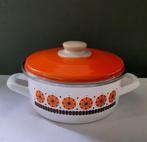 Vintage emaille pan met oranje bloemmotief, Huis en Inrichting, Keuken | Potten en Pannen, Ophalen of Verzenden, Zo goed als nieuw