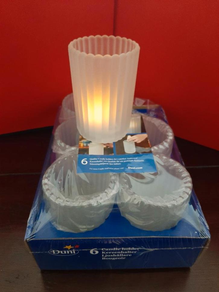 Kaarsenhouders Duni  glas 6 stuks in verpakking., Huis en Inrichting, Woonaccessoires | Kandelaars en Kaarsen, Nieuw, Minder dan 25 cm