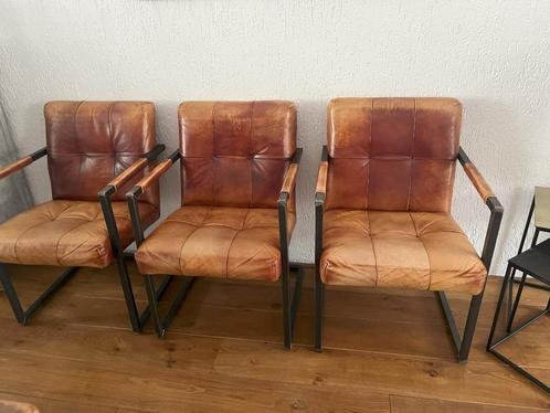 lederen eetkamerstoelen en eetkamerbank, Huis en Inrichting, Stoelen, Gebruikt, Vier, Leer, Metaal, Bruin, Ophalen