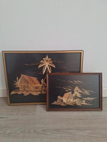 Vintage Riet Inleg Schilderijen Set beschikbaar voor biedingen