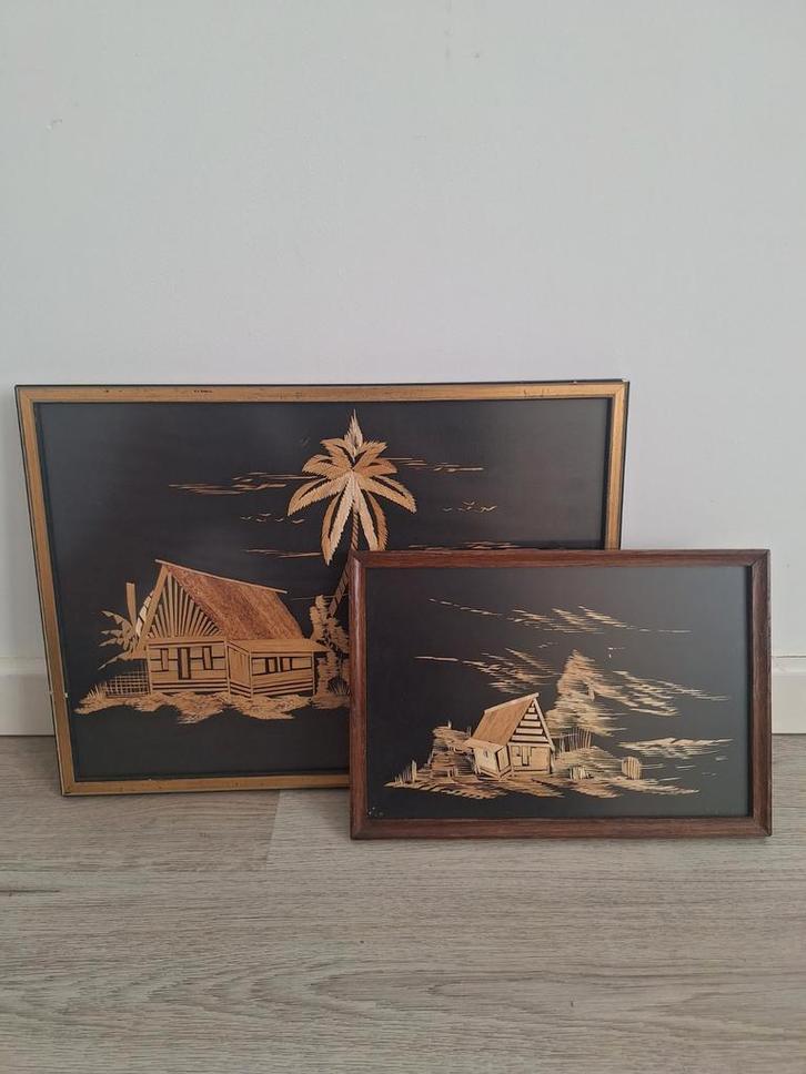 Vintage Riet Inleg Schilderijen Set, Huis en Inrichting, Woonaccessoires | Schilderijen, Tekeningen en Foto's, Gebruikt, Schilderij