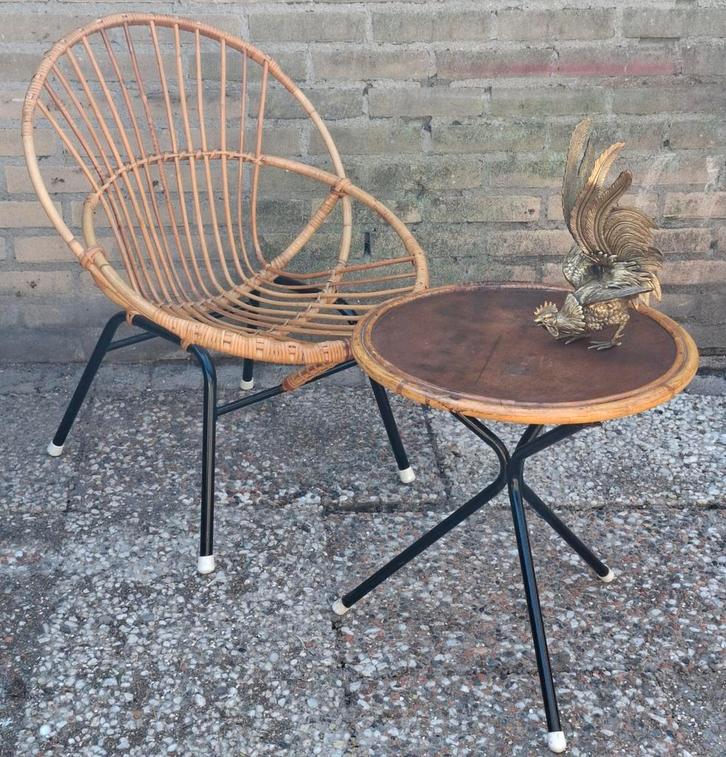 Stoel ROHÉ NOORDWOLDE. Stoel en tafeltje.  Ca 1950/1960., Huis en Inrichting, Stoelen, Zo goed als nieuw, Eén, Metaal, Riet of Rotan