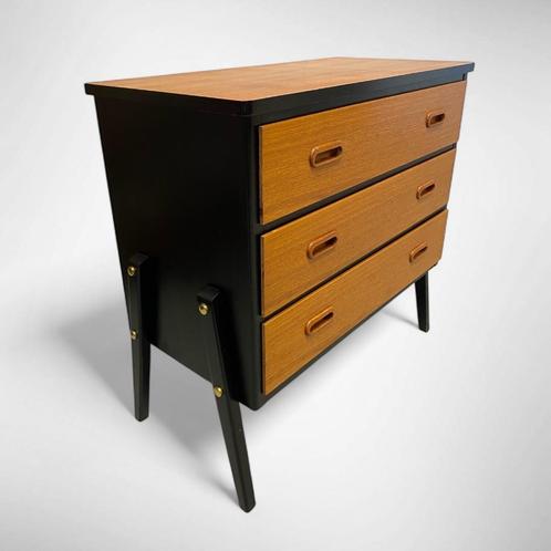Vintage teakfineer 3-ladekast, Huis en Inrichting, Kasten | Ladekasten, Gebruikt, Minder dan 100 cm, 50 tot 100 cm, 25 tot 50 cm