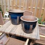 Geglazuurde blauwe bloempotten, Tuin en Terras, Bloembakken en Plantenbakken, Ophalen, Steen, Gebruikt, Minder dan 60 cm