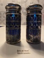 antiek verzilverd Peper & Zout stel met kobalt blauw glas, Antiek en Kunst, Antiek | Goud en Zilver, Ophalen of Verzenden