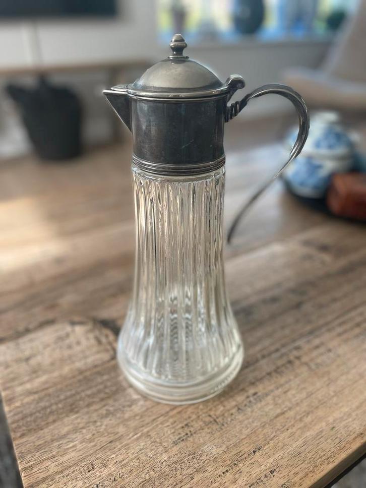 Antieke Waterkan met Tinnen Deksel - 30cm, Antiek en Kunst, Antiek | Glas en Kristal, Ophalen of Verzenden