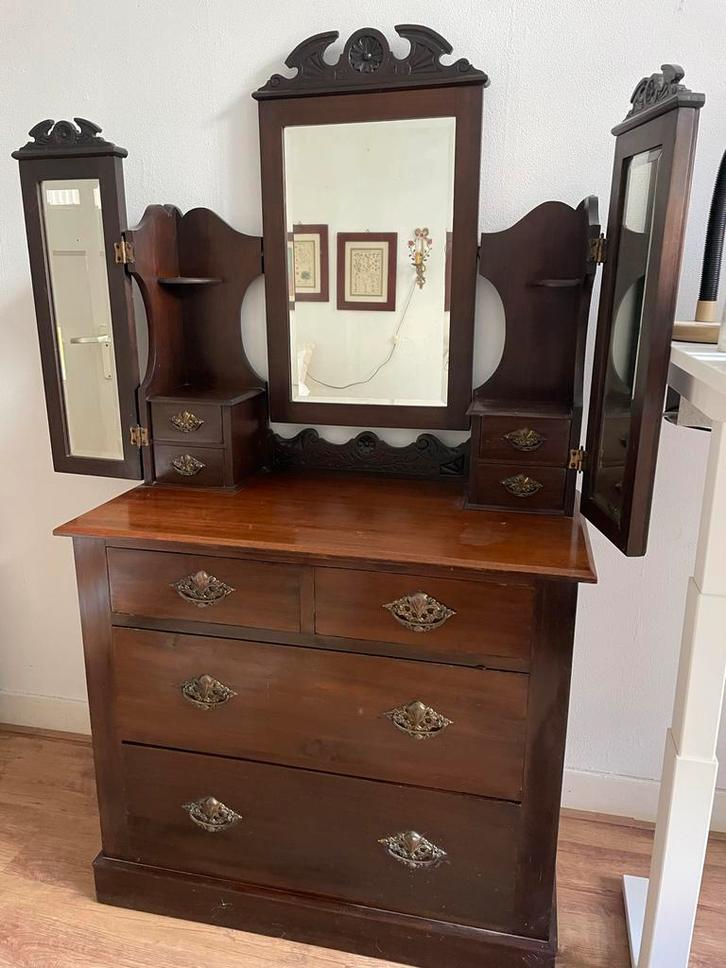 Antieke Kommode met Spiegel - Draaibare Zijspiegels, Huis en Inrichting, Kasten | Dressoirs, Gebruikt, 50 tot 100 cm, 25 tot 50 cm