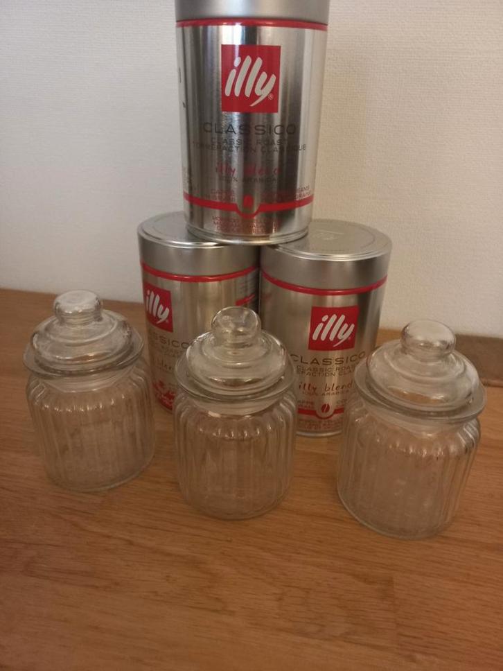 3 glazen Potten & 5 Illy Koffie Blikken Set, Huis en Inrichting, Woonaccessoires | Schalen en Manden, Zo goed als nieuw, Rond