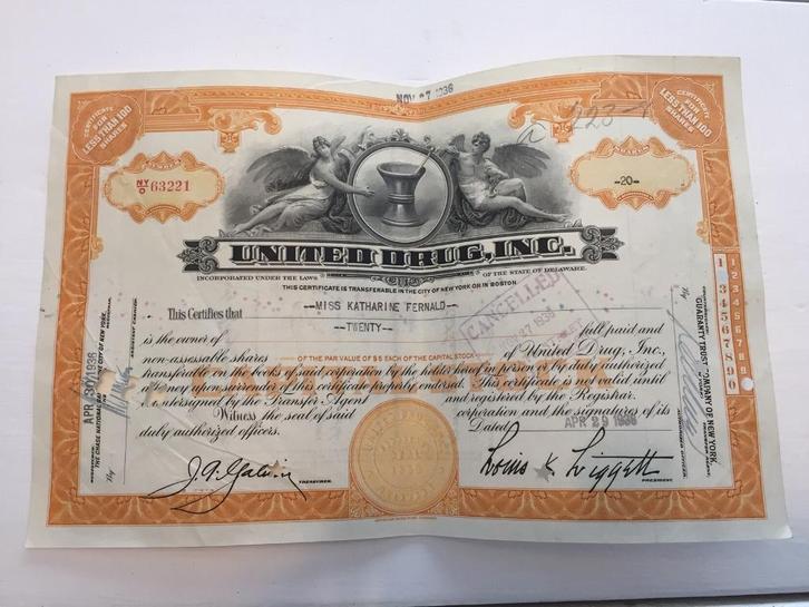Prachtig certificaat van 20 aandelen United Drug Inc.1936, Postzegels en Munten, Aandelen en Waardepapieren, Certificaat van aandeel