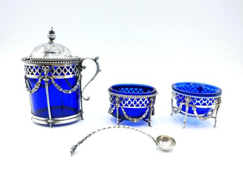 4-Delig zilveren empire tafelset met blauw glas, Nederland, Antiek en Kunst, Antiek | Goud en Zilver, Zilver, Verzenden