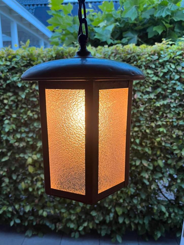 Vintage stoer hanglampje brons en glas E27, Huis en Inrichting, Lampen | Hanglampen, Gebruikt, 50 tot 75 cm, Glas, Metaal, Ophalen of Verzenden