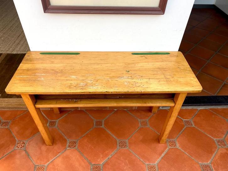 Vintage eikenhouten schoolbankje met vak., Antiek en Kunst, Antiek | Meubels | Stoelen en Banken, Ophalen