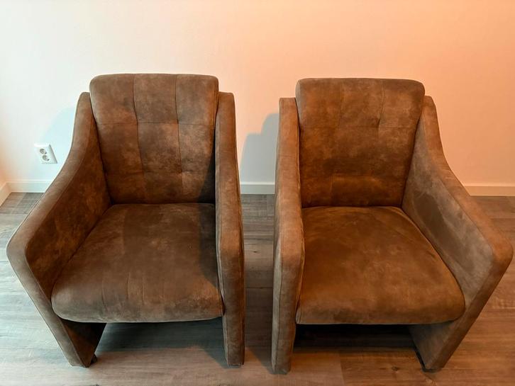 Cognac microvezel eetkamerfauteuils - 4 stuks, Huis en Inrichting, Fauteuils, Gebruikt, Stof, 50 tot 75 cm, Minder dan 75 cm, Ophalen