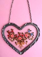 Vintage 60s hart hartje raamhanger lijst glas bloemen bloem, Verzenden
