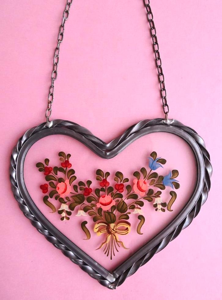 Vintage 60s hart hartje raamhanger lijst glas bloemen bloem, Antiek en Kunst, Antiek | Glas en Kristal, Verzenden