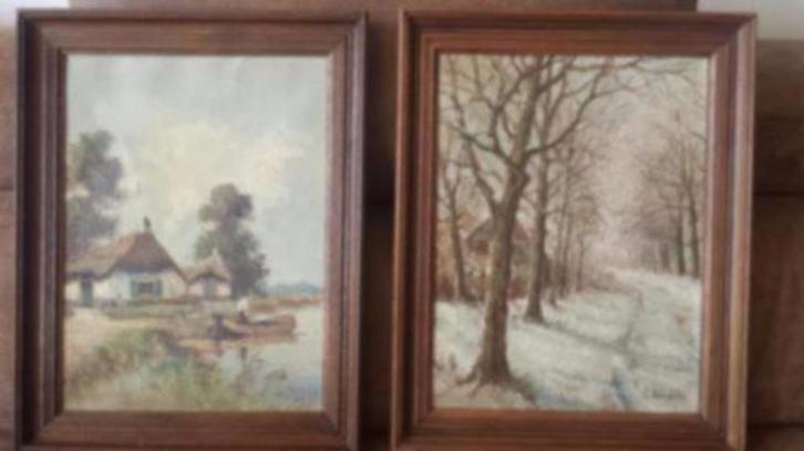 twee schilderijen L. Woudstra. Winterlandschap en boer boot., Antiek en Kunst, Kunst | Schilderijen | Klassiek, Ophalen