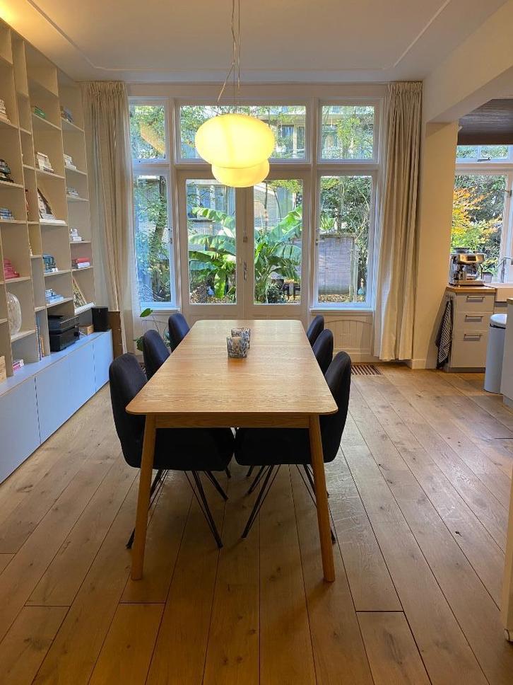 6 eetkamerstoelen donkerblauw o form, Huis en Inrichting, Stoelen, Gebruikt, Vijf, Zes of meer stoelen, Stof, Blauw, Ophalen