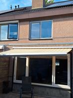 Zonnescherm / knikarmscherm geel-wit gestreept, Ophalen, Gebruikt, 150 tot 300 cm, 250 cm tot 450 cm