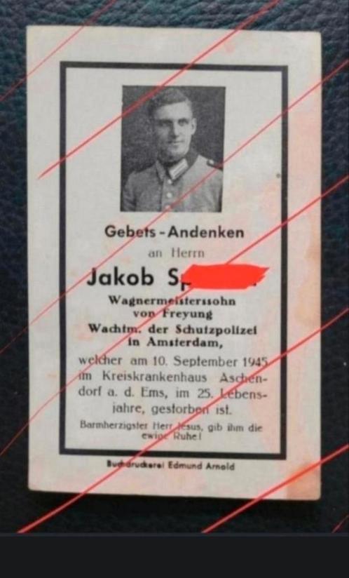 Duits Wachtmeister XX Schutzpolizei Amsterdam WW2/ WO2 1945, Verzamelen, Bidprentjes en Rouwkaarten, Bidprentje, Ophalen of Verzenden