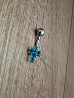 2x navelpiercing met kruis lichtblauw zirkonia en spiraal, Navelpiercing, Staal, Ophalen of Verzenden, Zo goed als nieuw