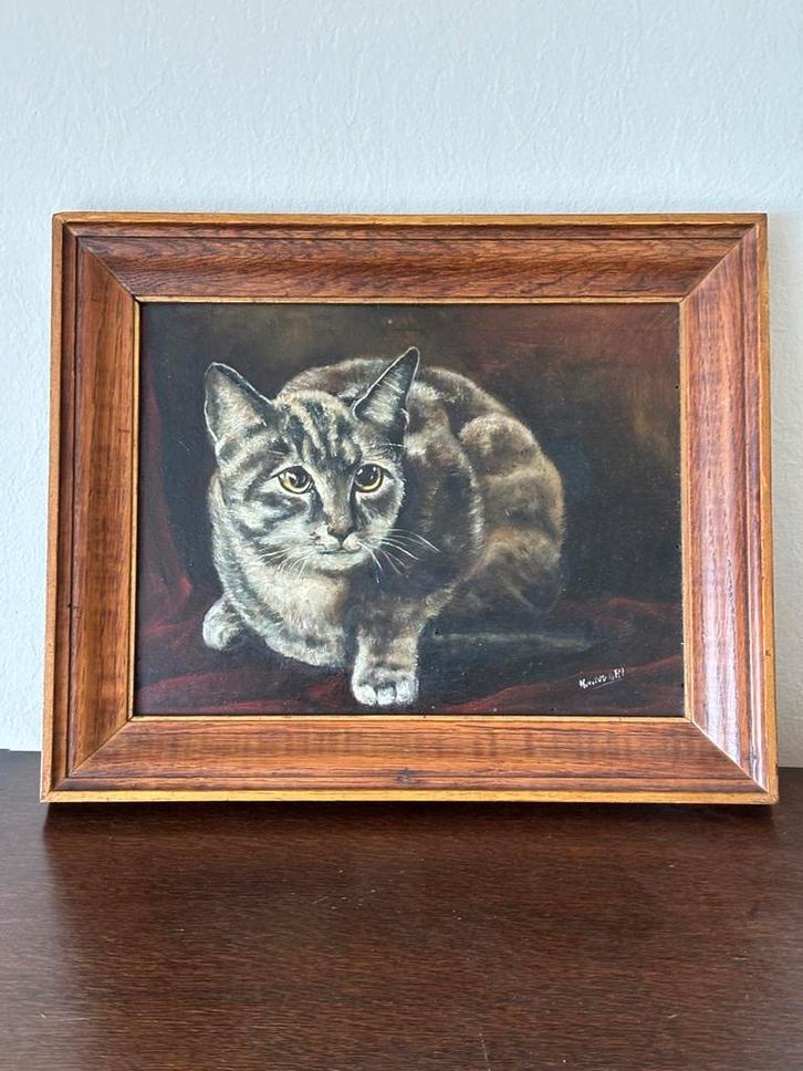 Oude Schilderij: Portret van een Kat, Antiek en Kunst, Kunst | Schilderijen | Klassiek, Ophalen of Verzenden