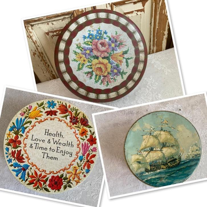3x Brocante oude ronde koektrommel - koekjesblik - koekblik, Verzamelen, Blikken, Gebruikt, Overige, Ophalen of Verzenden